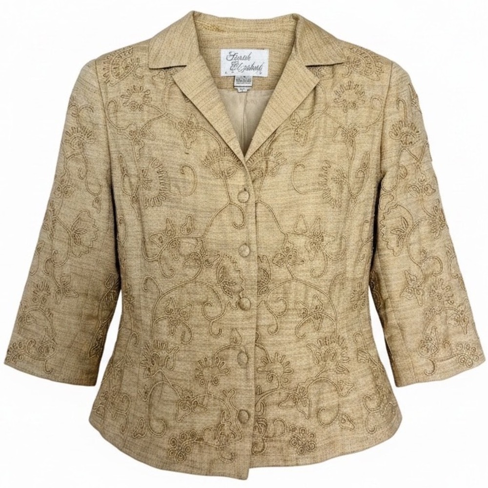 Sarah Elizabeth Petite Tan Embroidered Soutache Blazer Jacket Size 14P